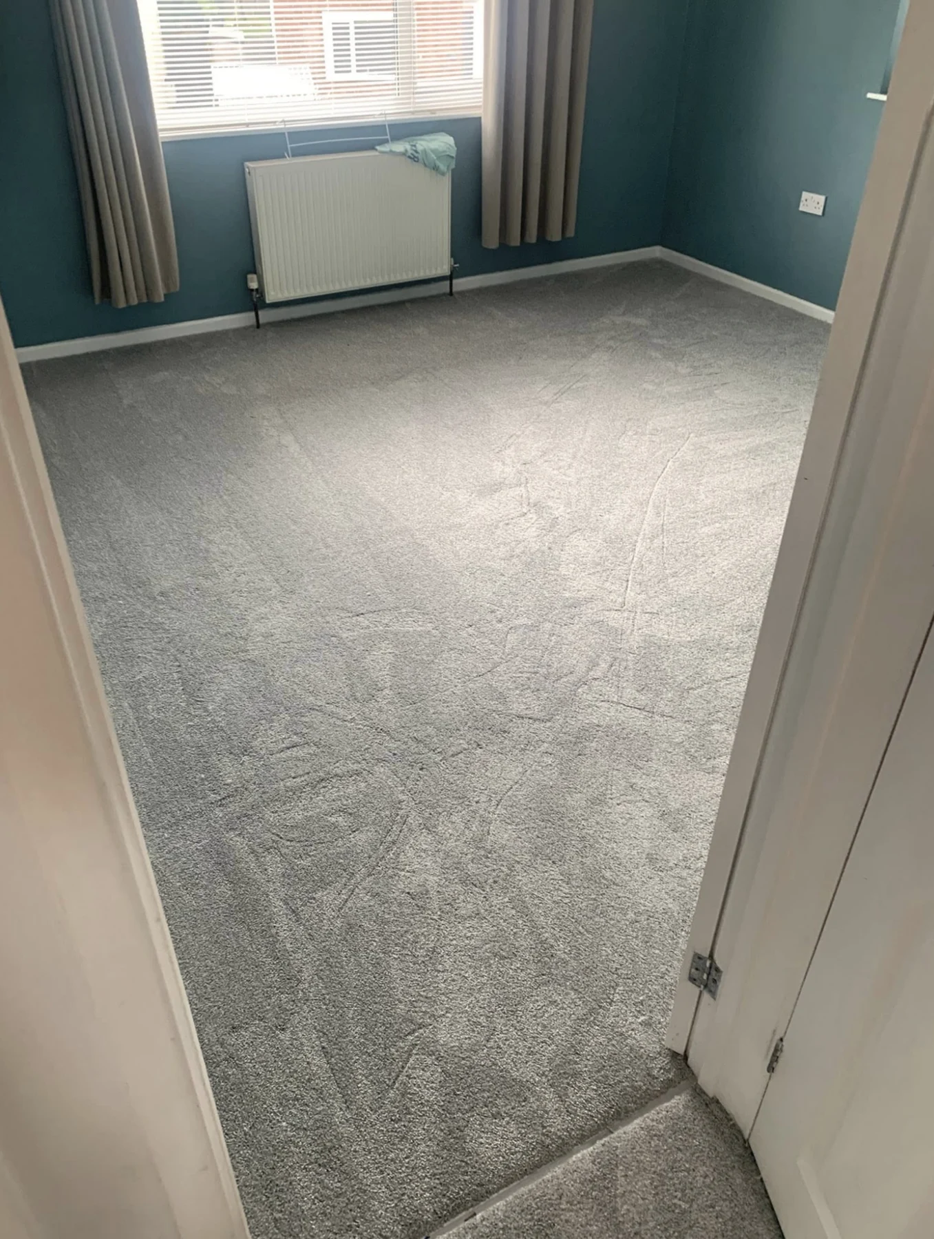 Grey carpet fitted in a room with teal walls